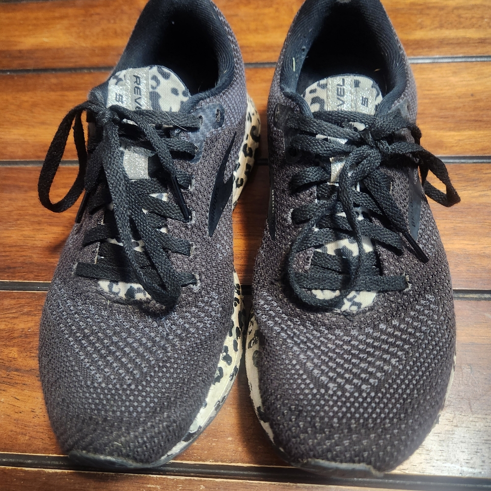 Brooks Running Revel 5 Black Athletic Shoes With Leopard Print